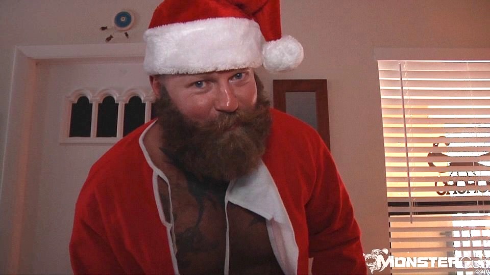 Rusty G stars in I Saw Daddy Kissing Santa Claus in a threesome with Hunter Scott and Hoss Adams for gay bear porn site Monster Cub.